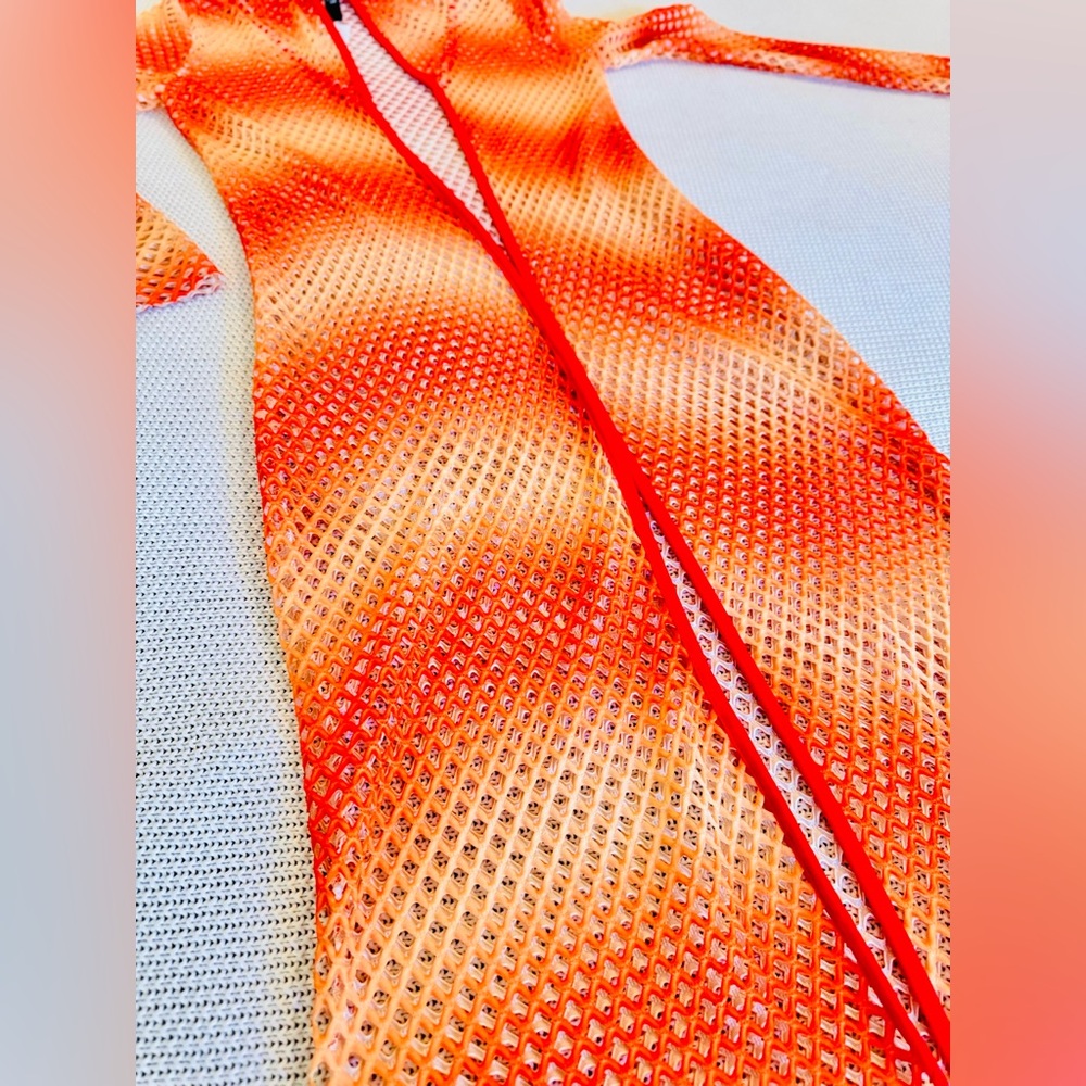 AKIRA Orange & Yellow Open Mesh Swim Coverup Long Maxi Dress w Hood Hooded Robe - Picture 5 of 16